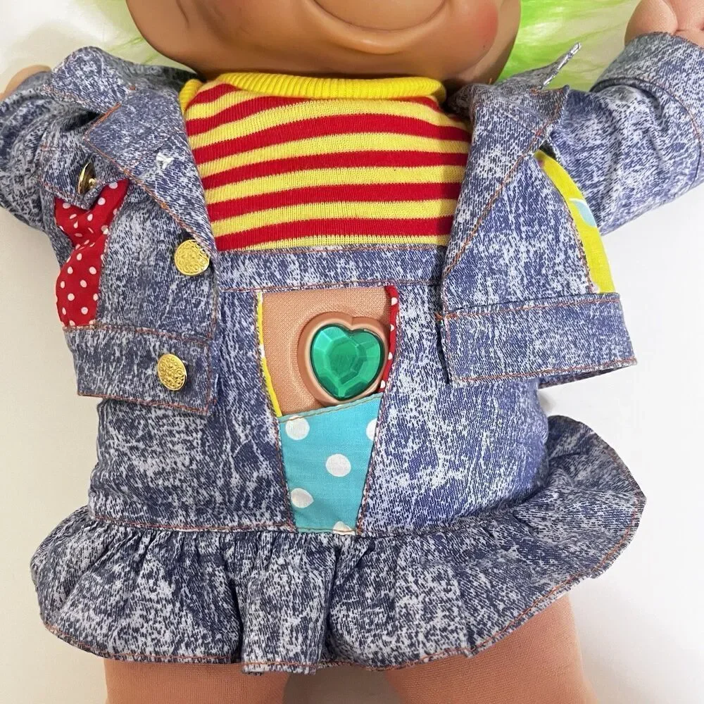 Vintage Ace Novelty Treasure Troll Tot Green Heart Wishstone Large Doll 14